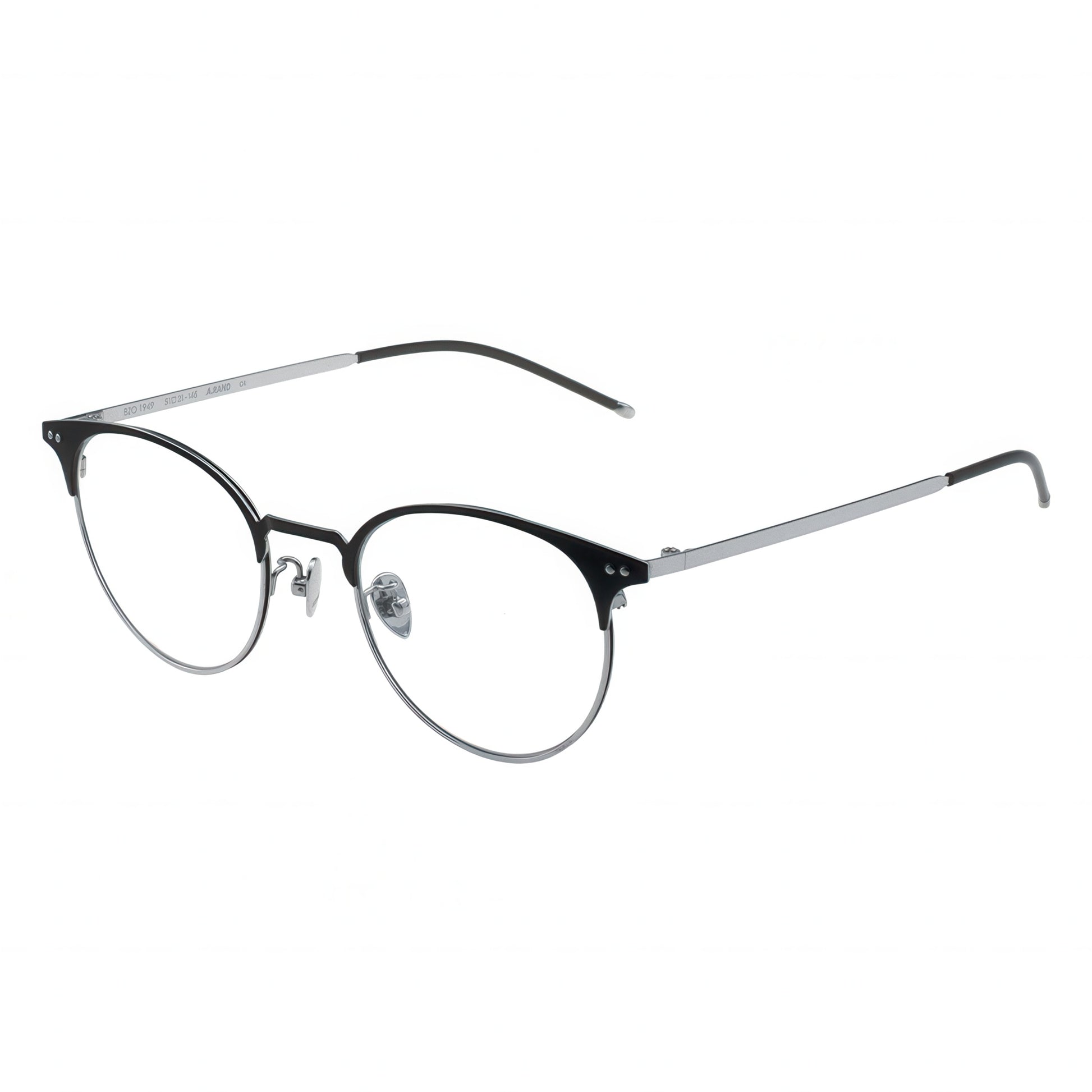 Eyeglasses with black and silver frame on a white background