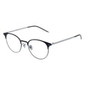 Round eyeglasses with black and silver frame on a white background