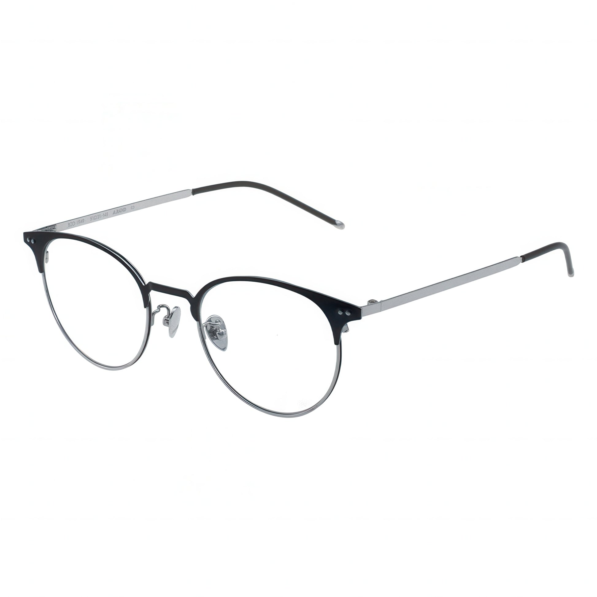 Round eyeglasses with black and silver frame on a white background