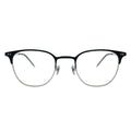 Black and silver eyeglasses on a white background