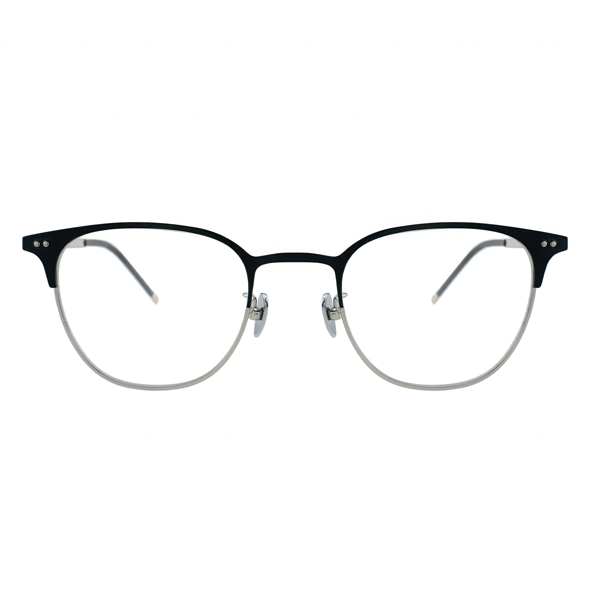 Black and silver eyeglasses on a white background