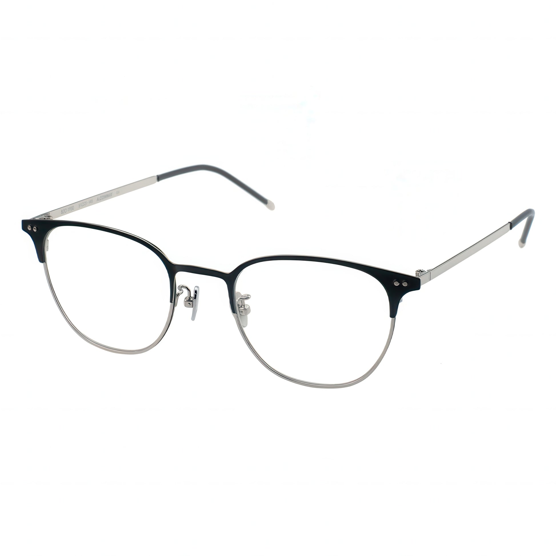 Eyeglasses with black frames and silver accents on a white background