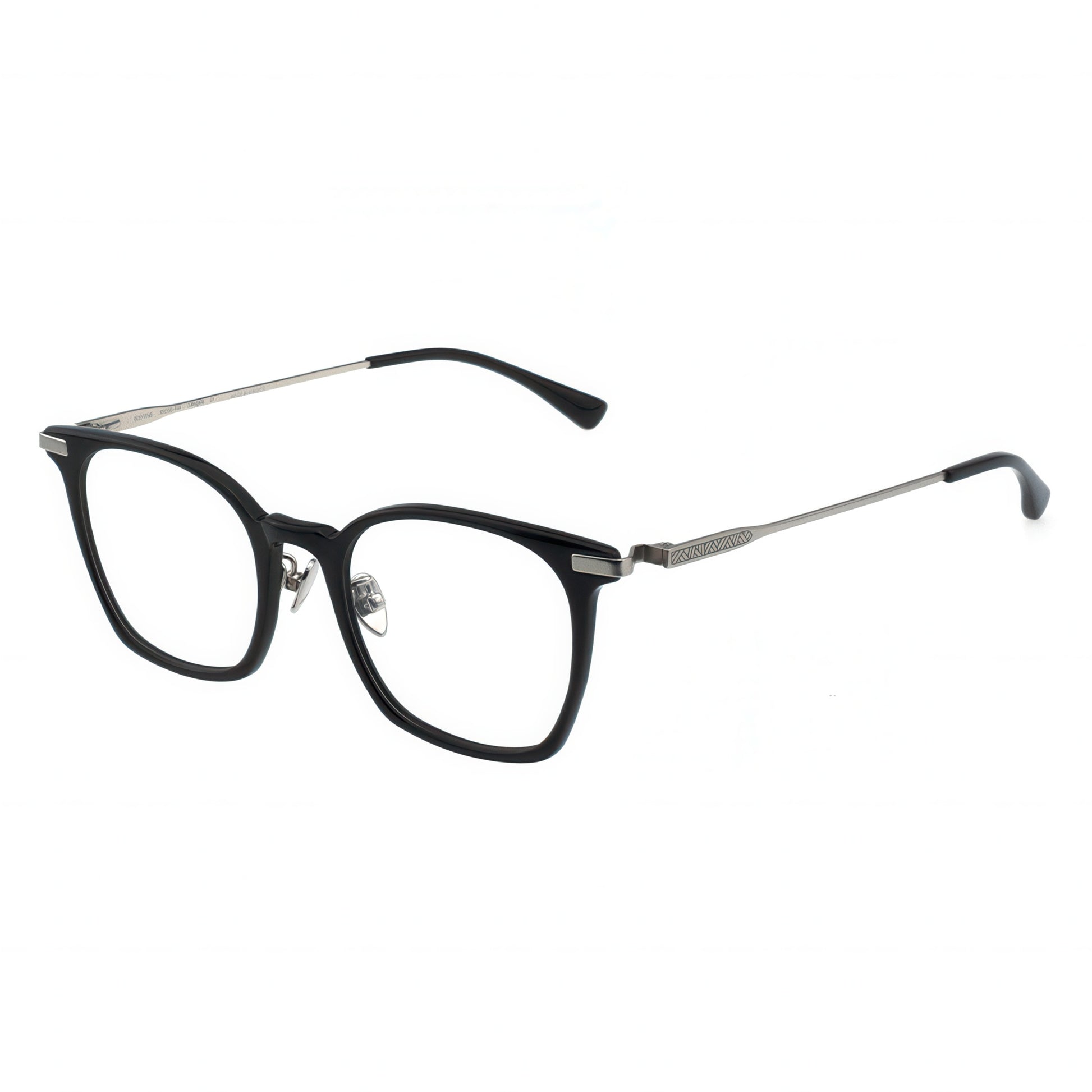 Black eyeglasses with silver accents on a white background