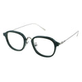 Green eyeglasses with thin metal temples
