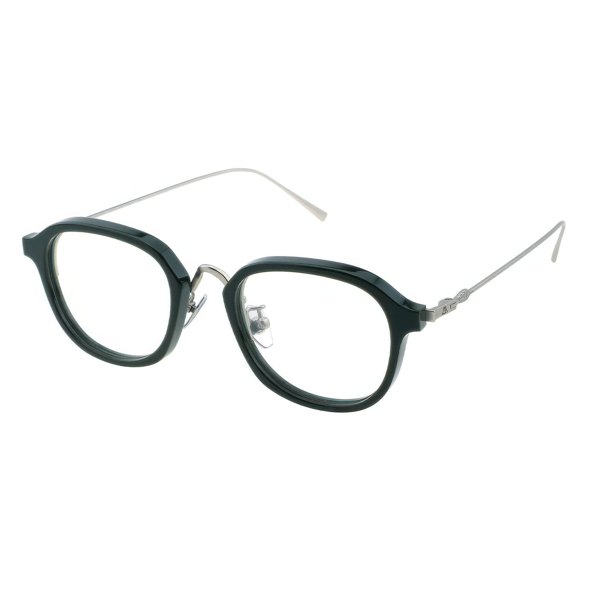 Green eyeglasses with thin metal temples