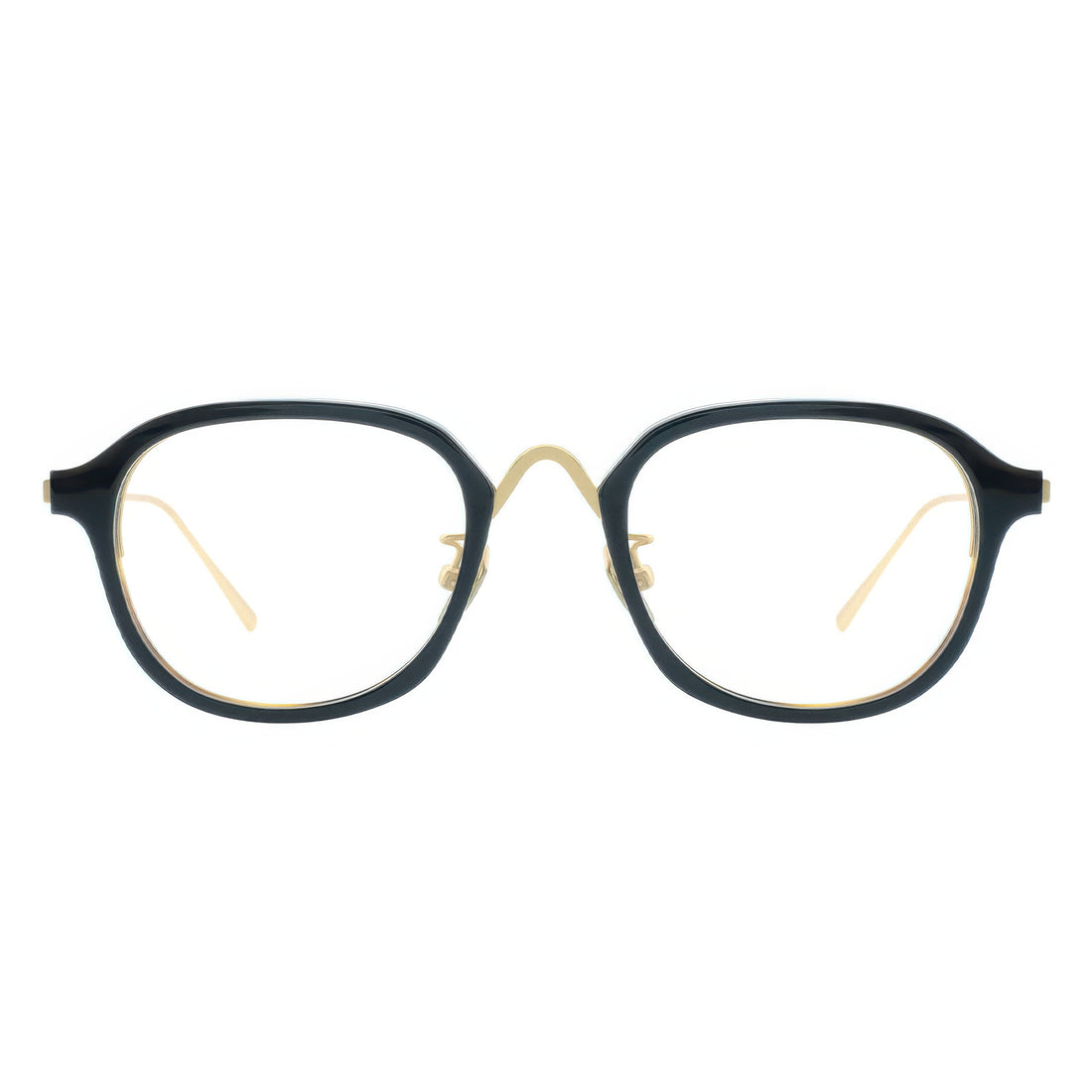 Black eyeglasses with gold accents