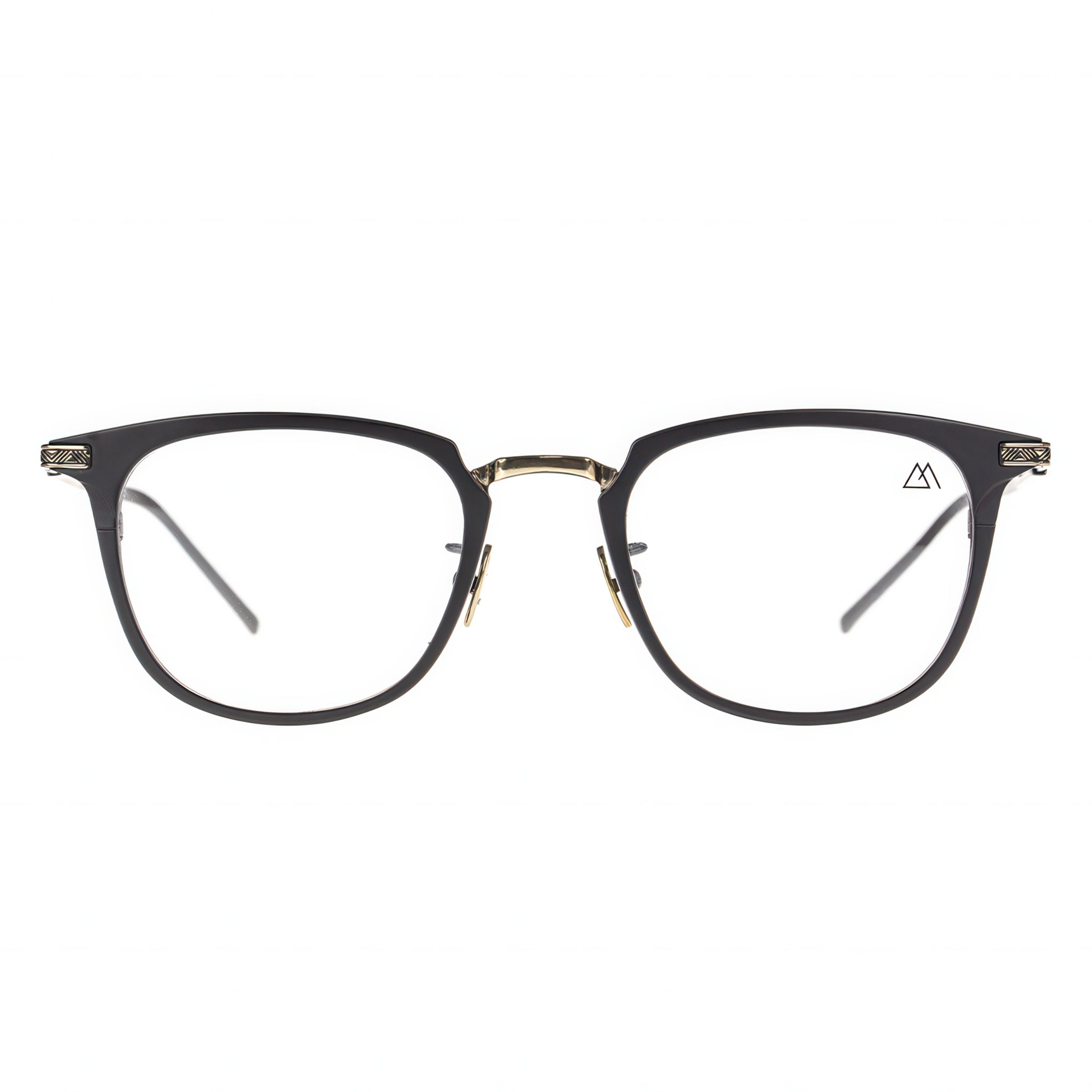 brown eyeglasses with gold accent