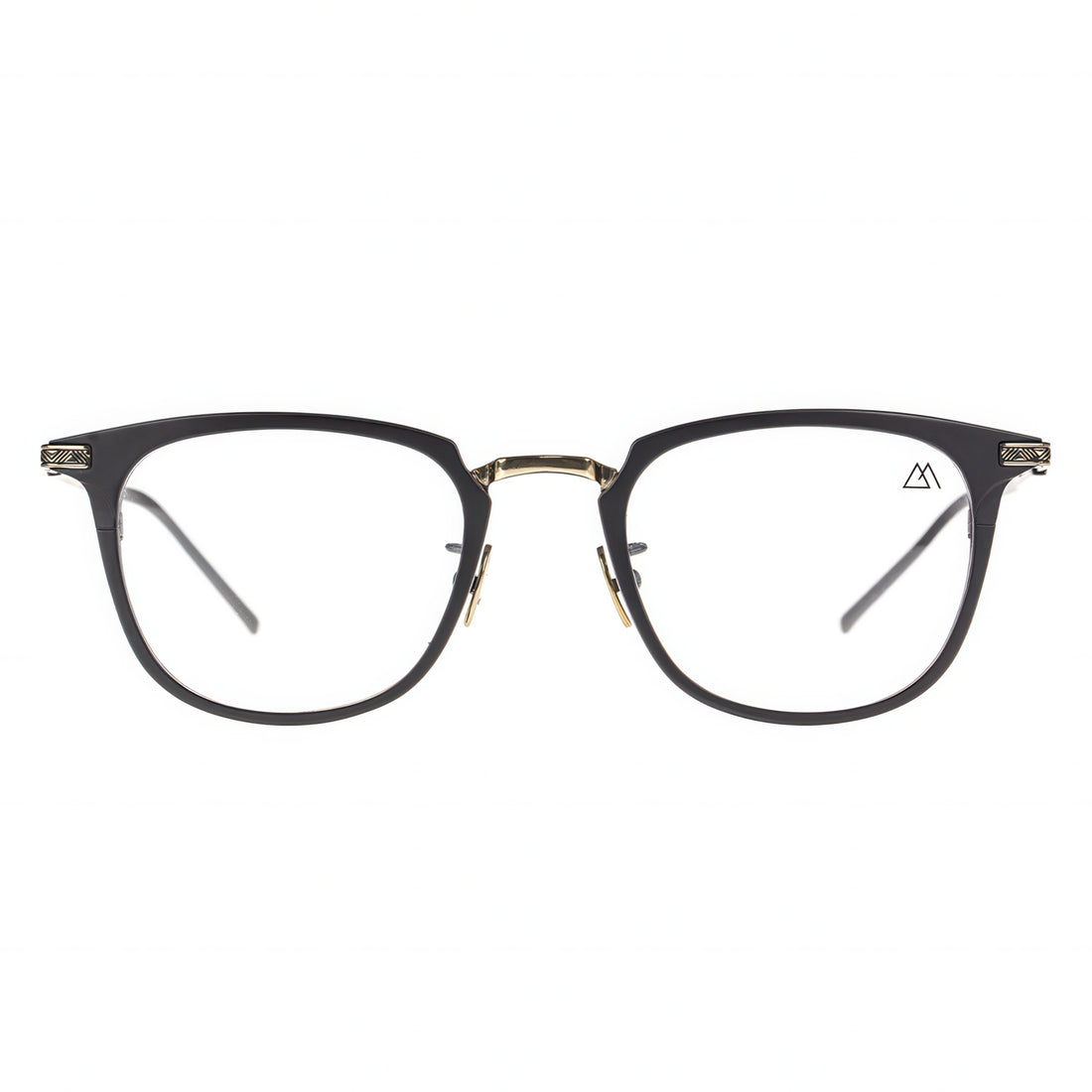 brown eyeglasses with gold accent