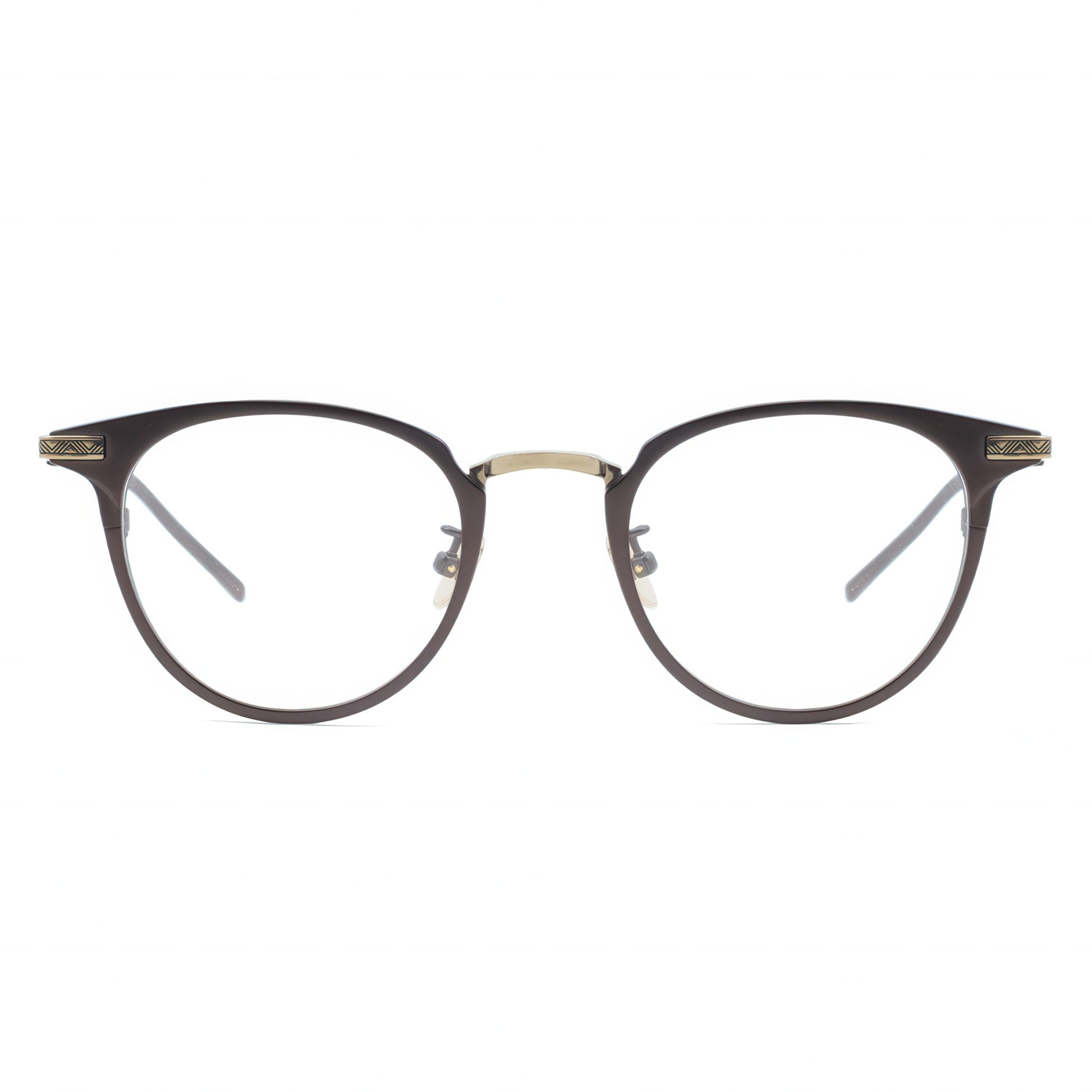 brown eyeglasses with gold accent