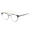 A pair of oval-shaped browline eyeglasses with a black frame, detailed with a double nose bridge and pinewood pattern on the side.
