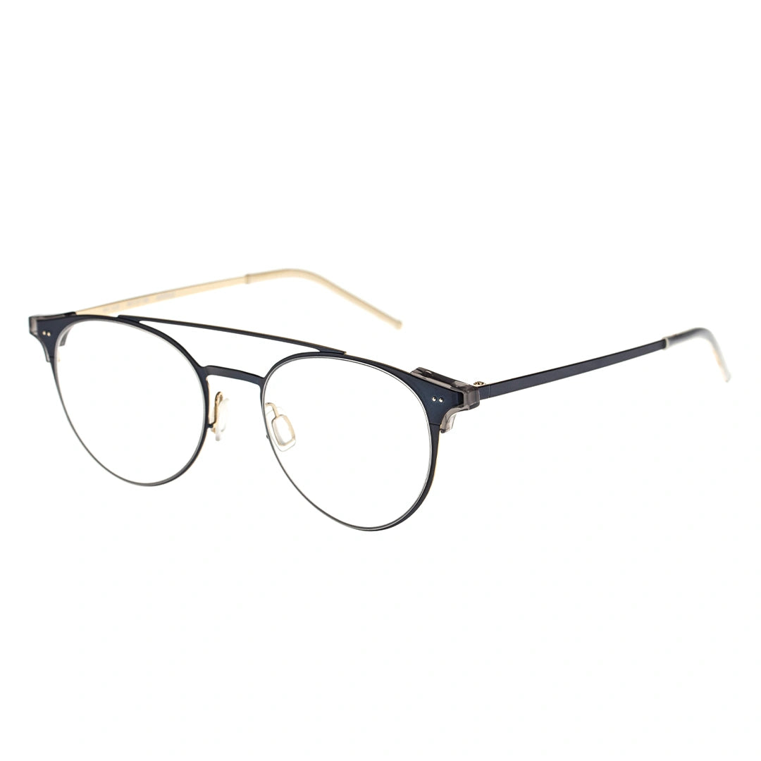 A pair of oval-shaped browline eyeglasses with a black frame, detailed with a double nose bridge and pinewood pattern on the side.