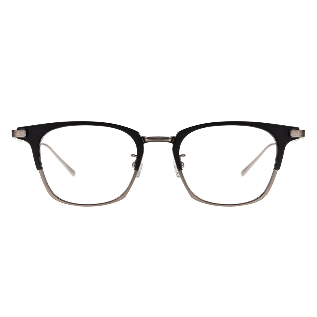 A pair of rectangular two-tone metal eyeglasses.
