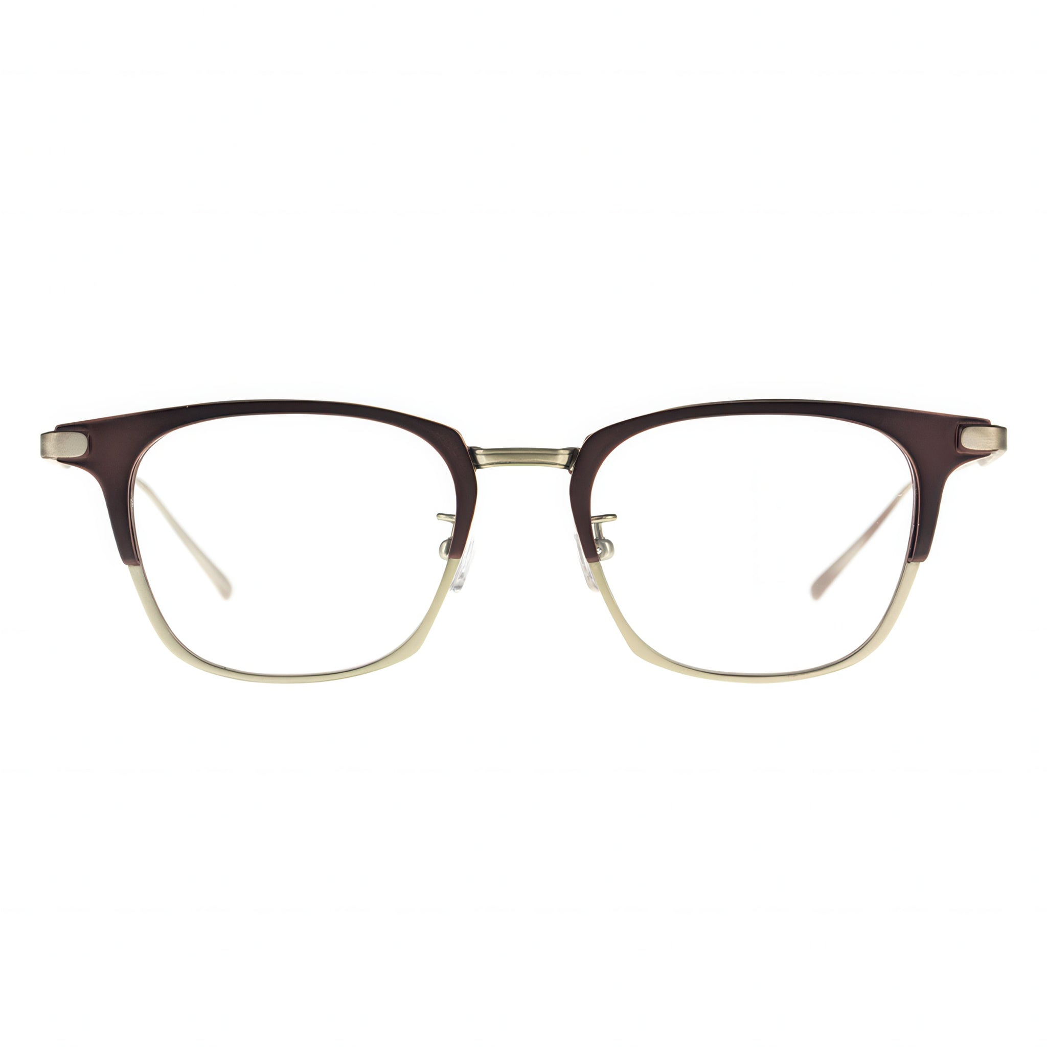 A pair of eyeglasses with a clubmaster style. The frame features dark brown/burgundy plastic on the top, with gold/light brown metal rimming the bottom of the lenses and connecting the bridge and nose pads. The temples are a contrasting matte gold/silver metal.