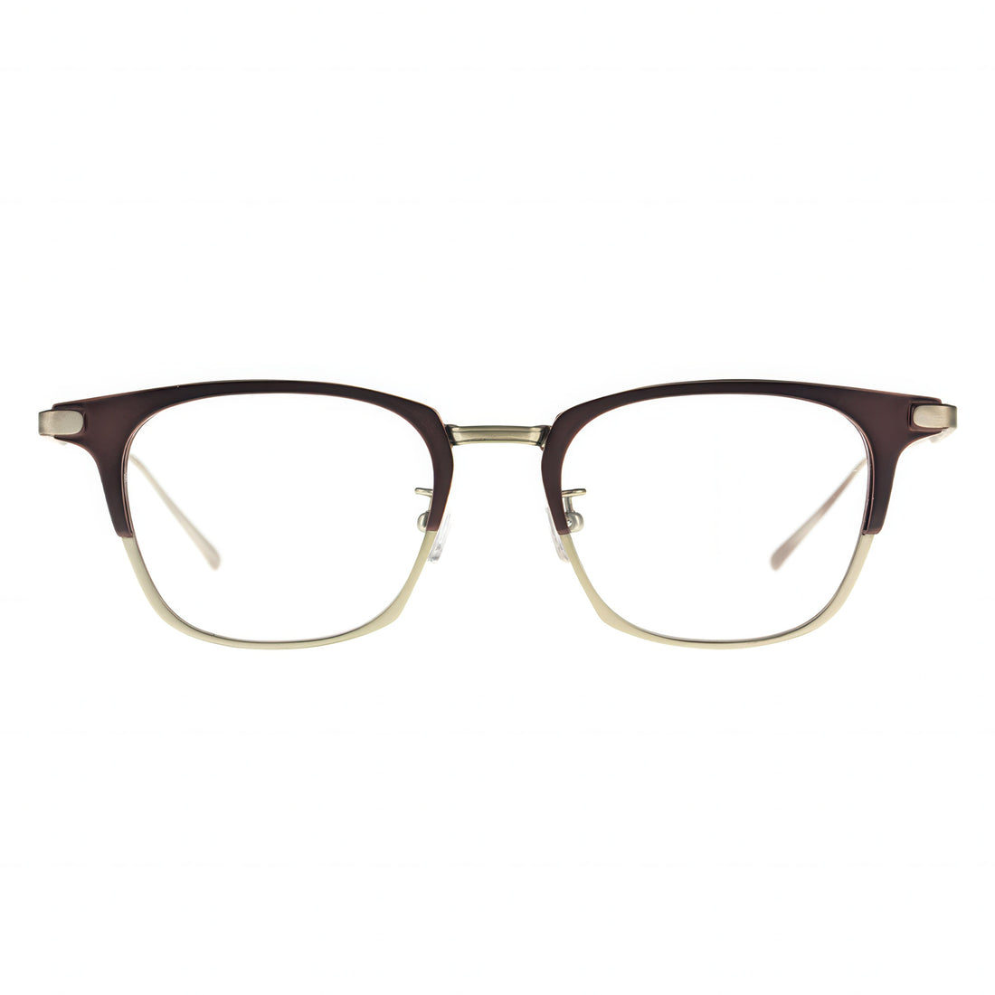 A pair of eyeglasses with a clubmaster style. The frame features dark brown/burgundy plastic on the top, with gold/light brown metal rimming the bottom of the lenses and connecting the bridge and nose pads. The temples are a contrasting matte gold/silver metal.