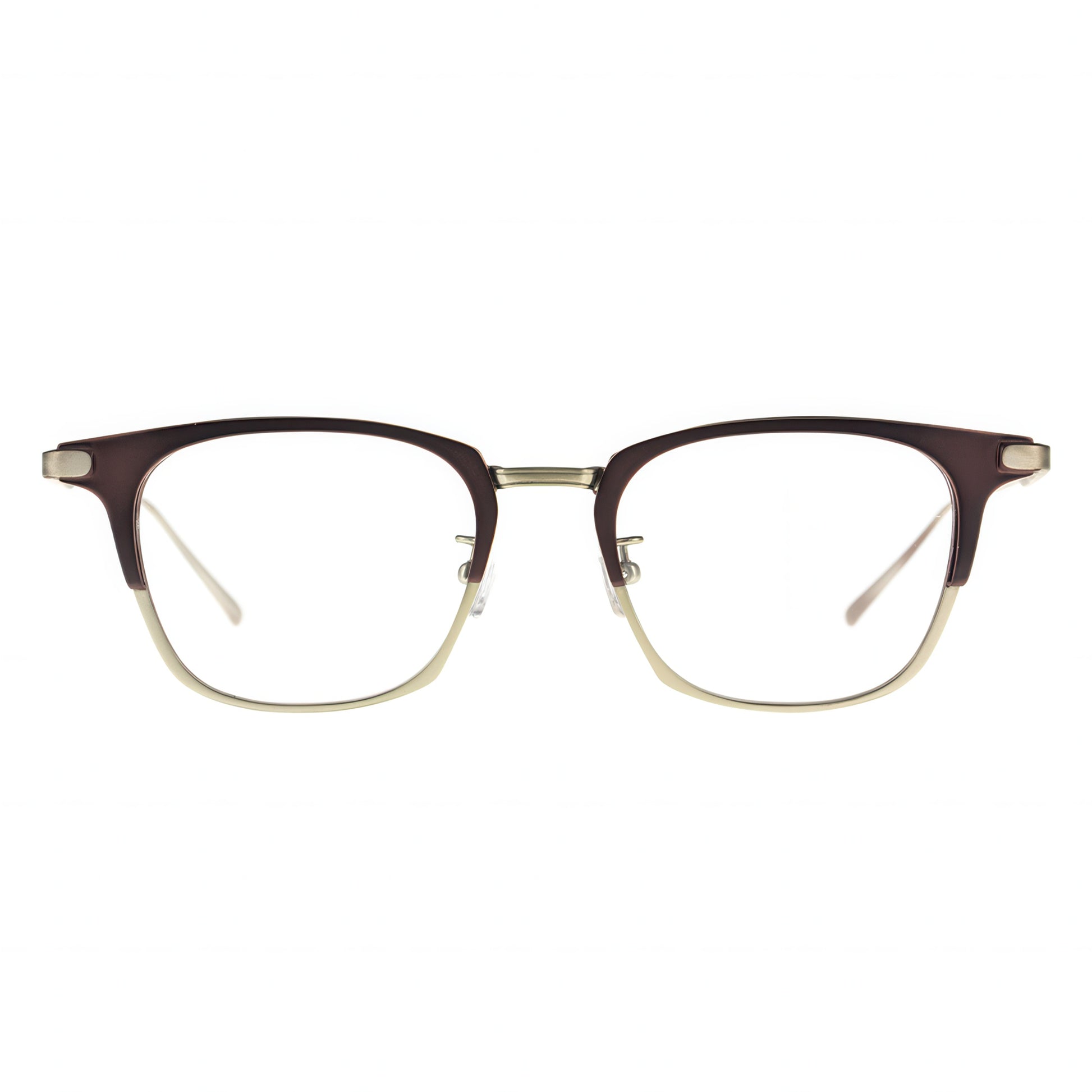 A pair of eyeglasses with a clubmaster style. The frame features dark brown/burgundy plastic on the top, with gold/light brown metal rimming the bottom of the lenses and connecting the bridge and nose pads. The temples are a contrasting matte gold/silver metal.