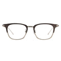 Pair of eyeglasses with a dark brown frame on a white background