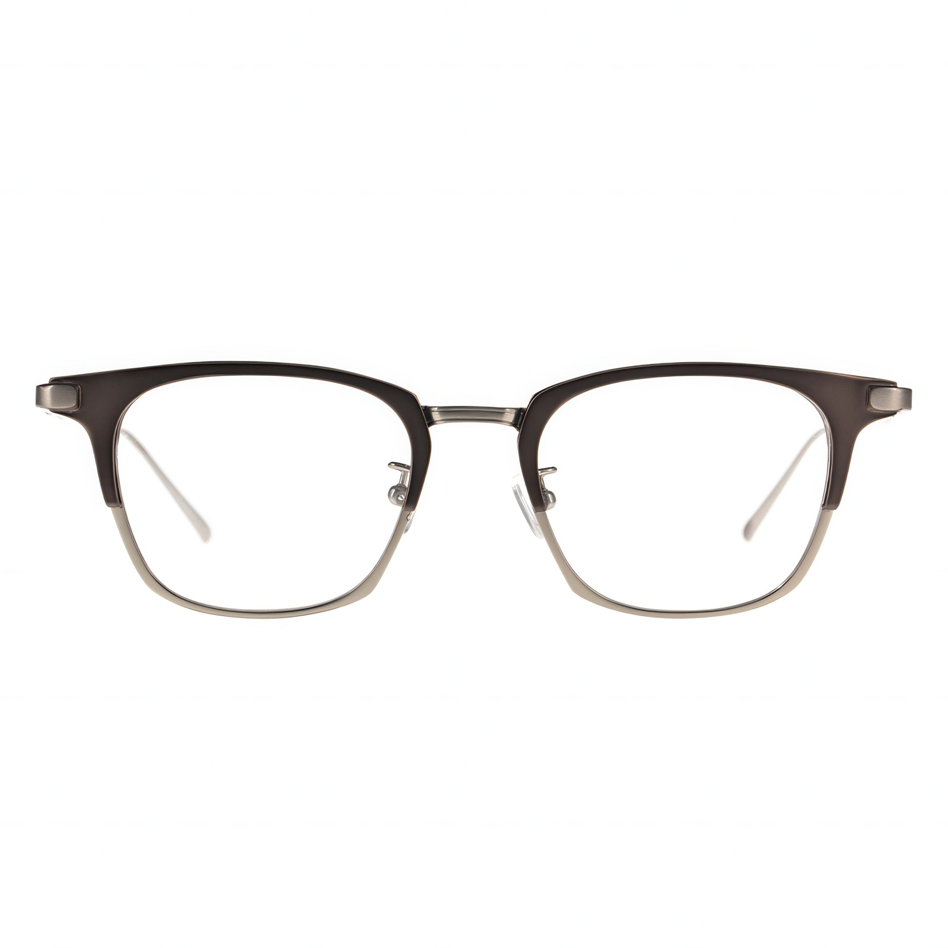 Pair of eyeglasses with a dark brown frame on a white background
