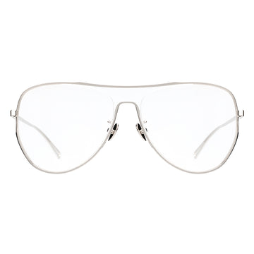 A pair of aviator-style eyeglasses with a silver frame, as seen from the front.