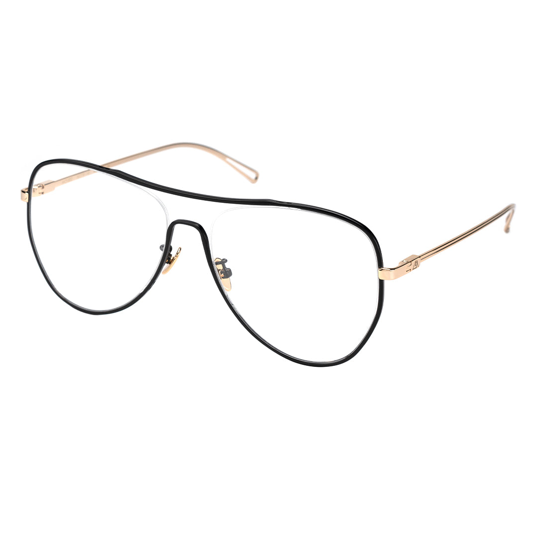 A pair of MYTH OPTICAL AIKTON eyeglasses with a sleek aviator design, featuring a gold and black frame.