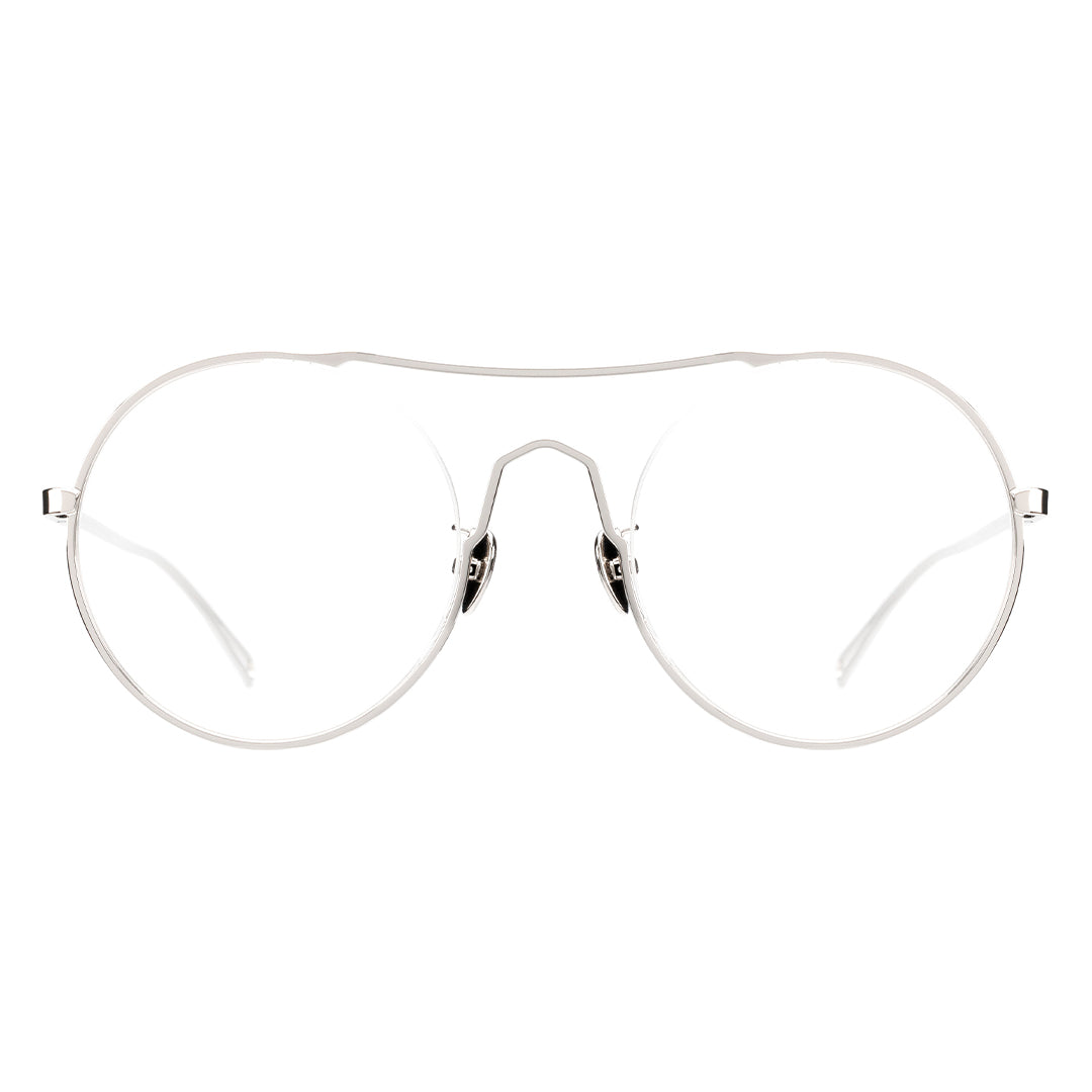 A pair of round full frame metal eyeglasses with a browline design.