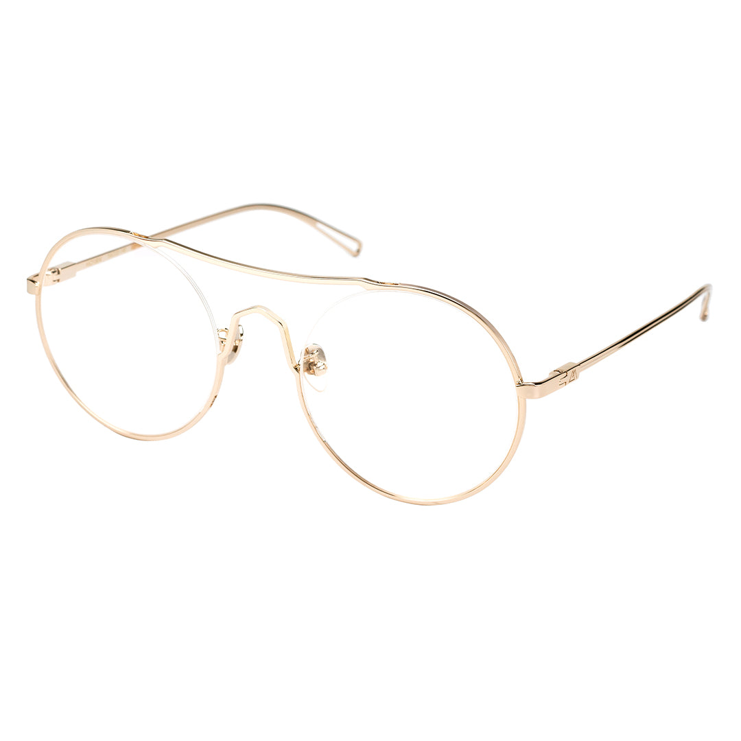 A pair of round full frame gold  eyeglasses with a browline design.