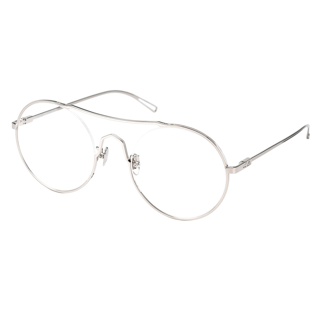A pair of round full frame metal eyeglasses with a browline design.