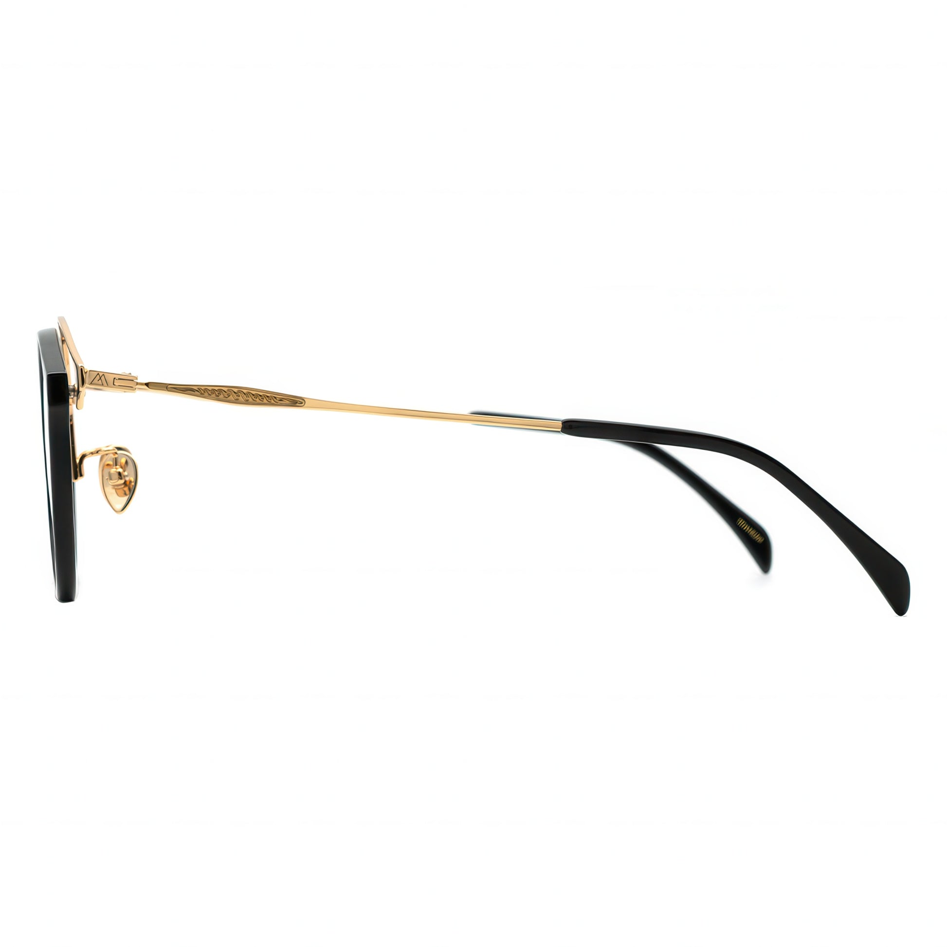 Side view of round black and gold combination eyeglasses with a layered gold metal browline.