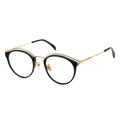 Three-quarter view of round black and gold combination eyeglasses with a layered gold metal browline.
