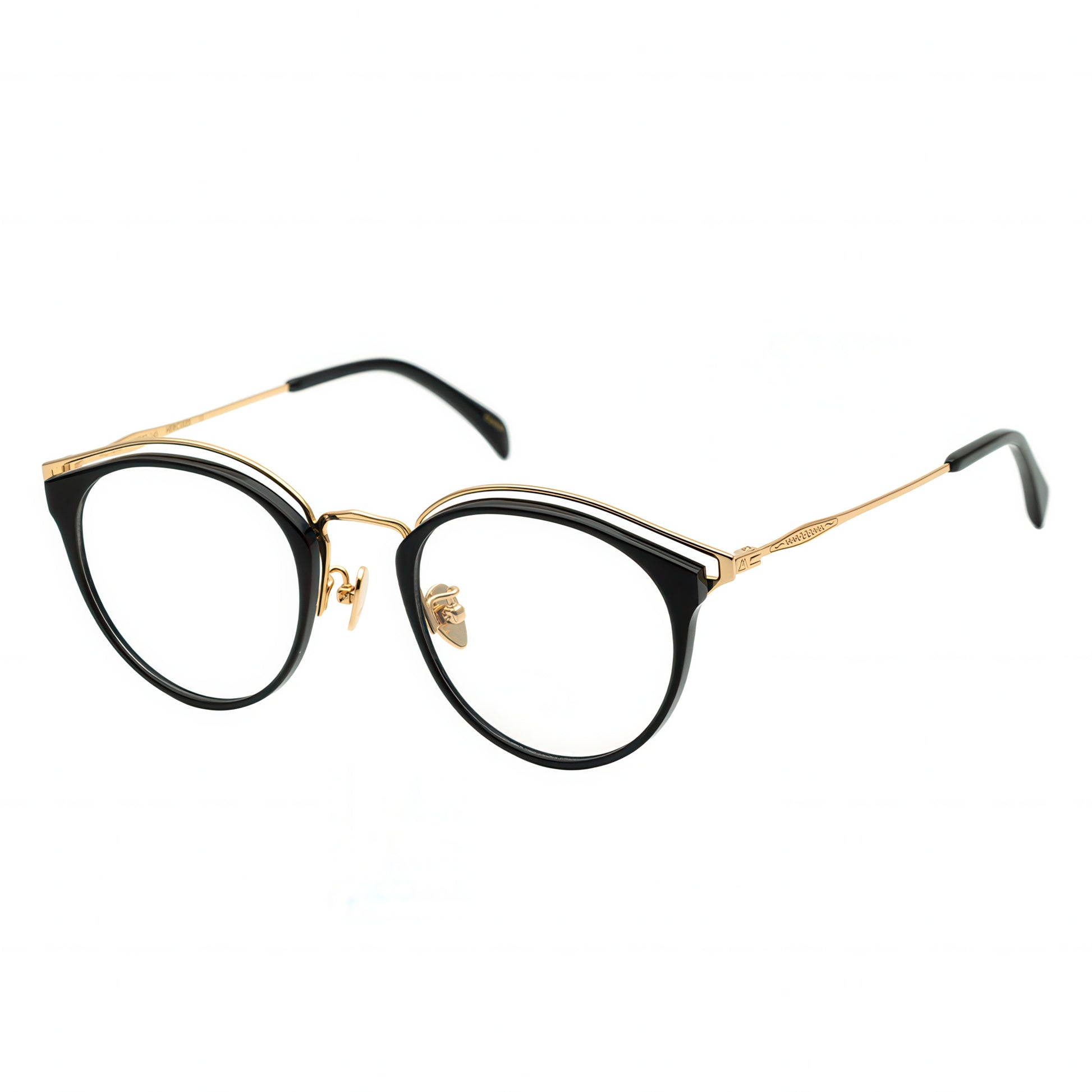 Three-quarter view of round black and gold combination eyeglasses with a layered gold metal browline.