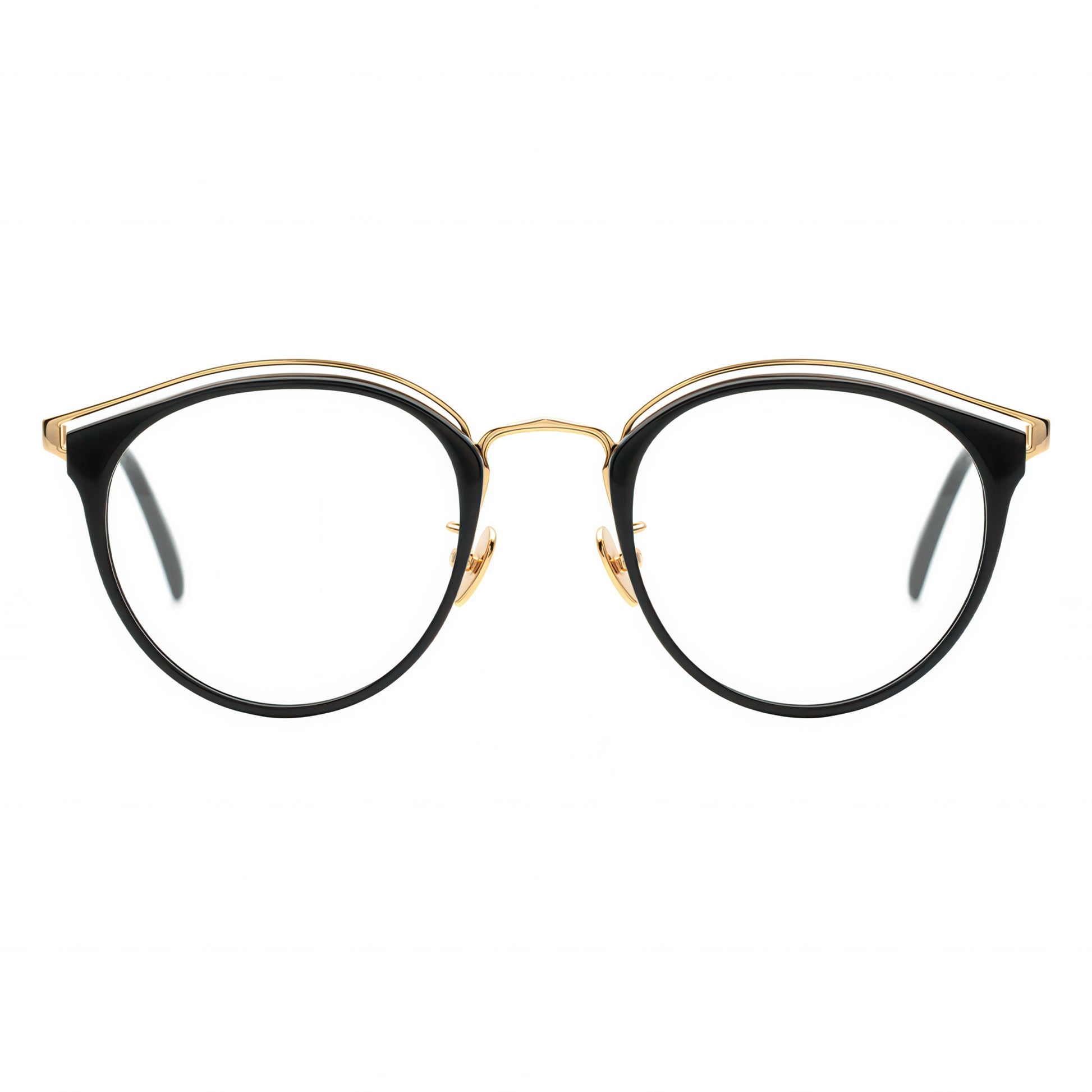 Front view of round black and gold combination eyeglasses with a layered gold metal browline.