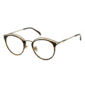 Three-quarter view of round tortoiseshell glasses with an antique gold layered metal browline