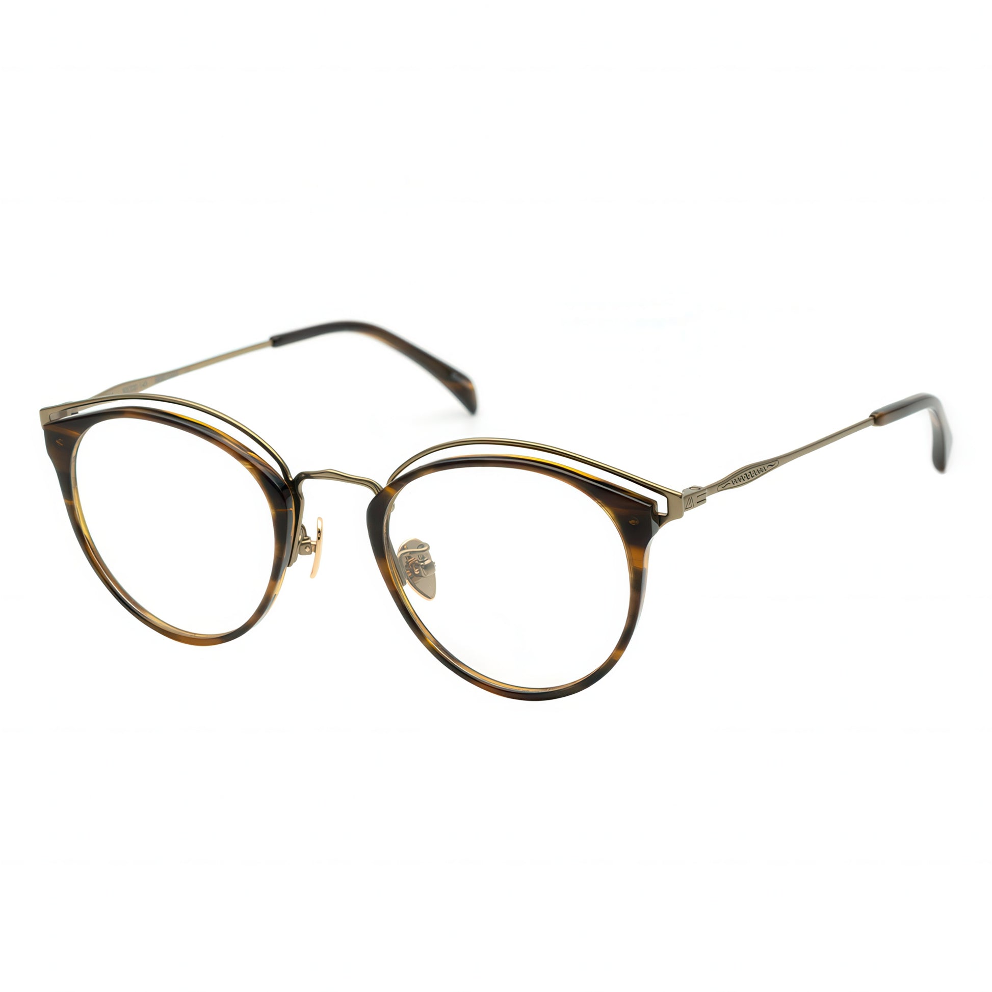 Three-quarter view of round tortoiseshell glasses with an antique gold layered metal browline