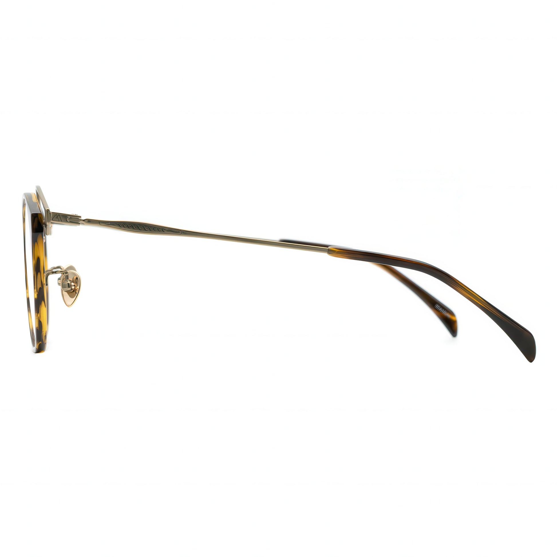 Side view of round tortoiseshell glasses with an antique gold layered metal browline
