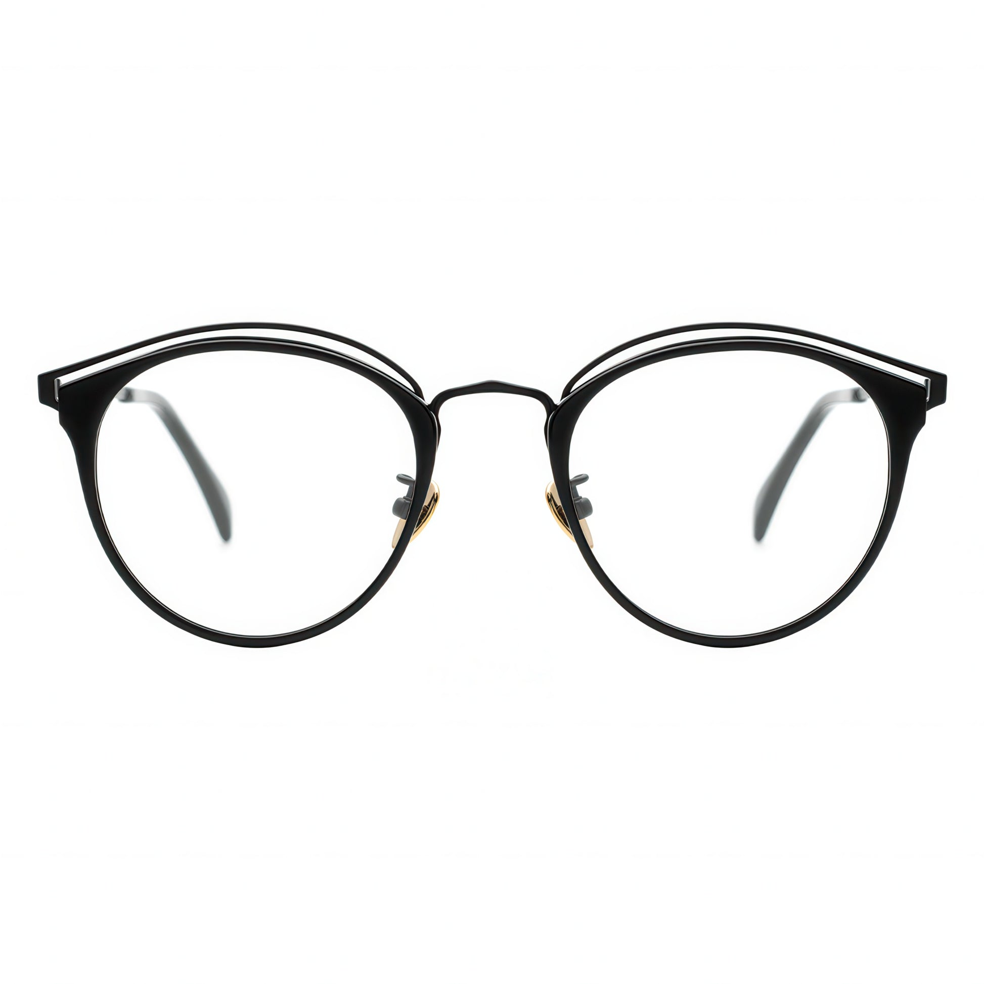 Front view of round, black metal cat-eye glasses with a distinctive double browline.