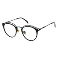 Three-quarter view of round, black metal cat-eye glasses with a distinctive double browline.