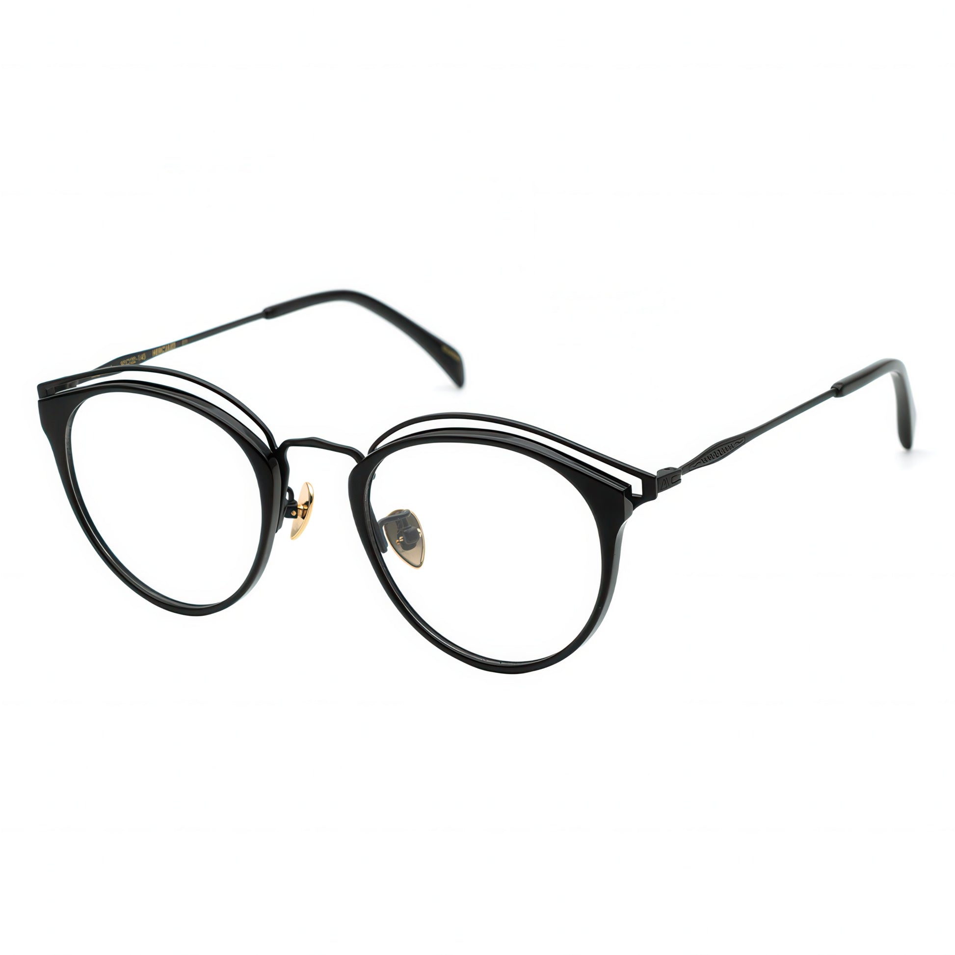 Three-quarter view of round, black metal cat-eye glasses with a distinctive double browline.