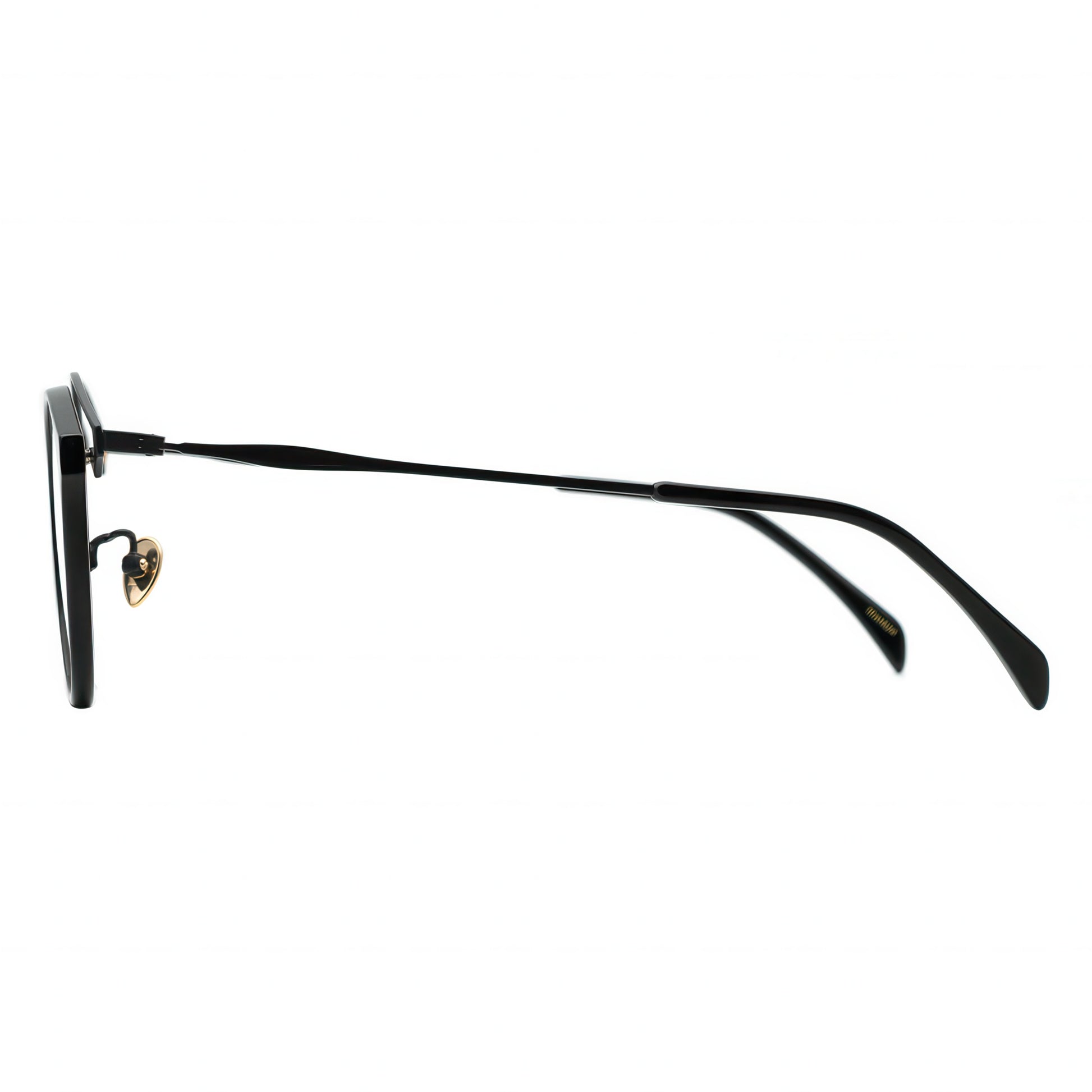 Side view of round, black metal cat-eye glasses with a distinctive double browline.