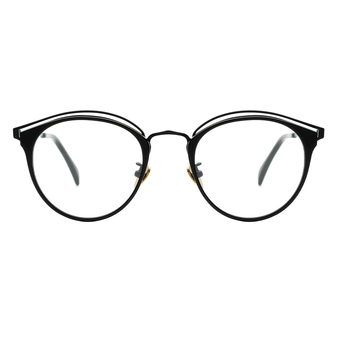 A pair of round full frame glasses with a browline design, featuring a black frame with gold accents.