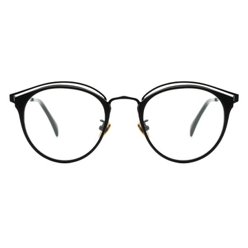 A pair of round full frame glasses with a browline design, featuring a black frame with gold accents.