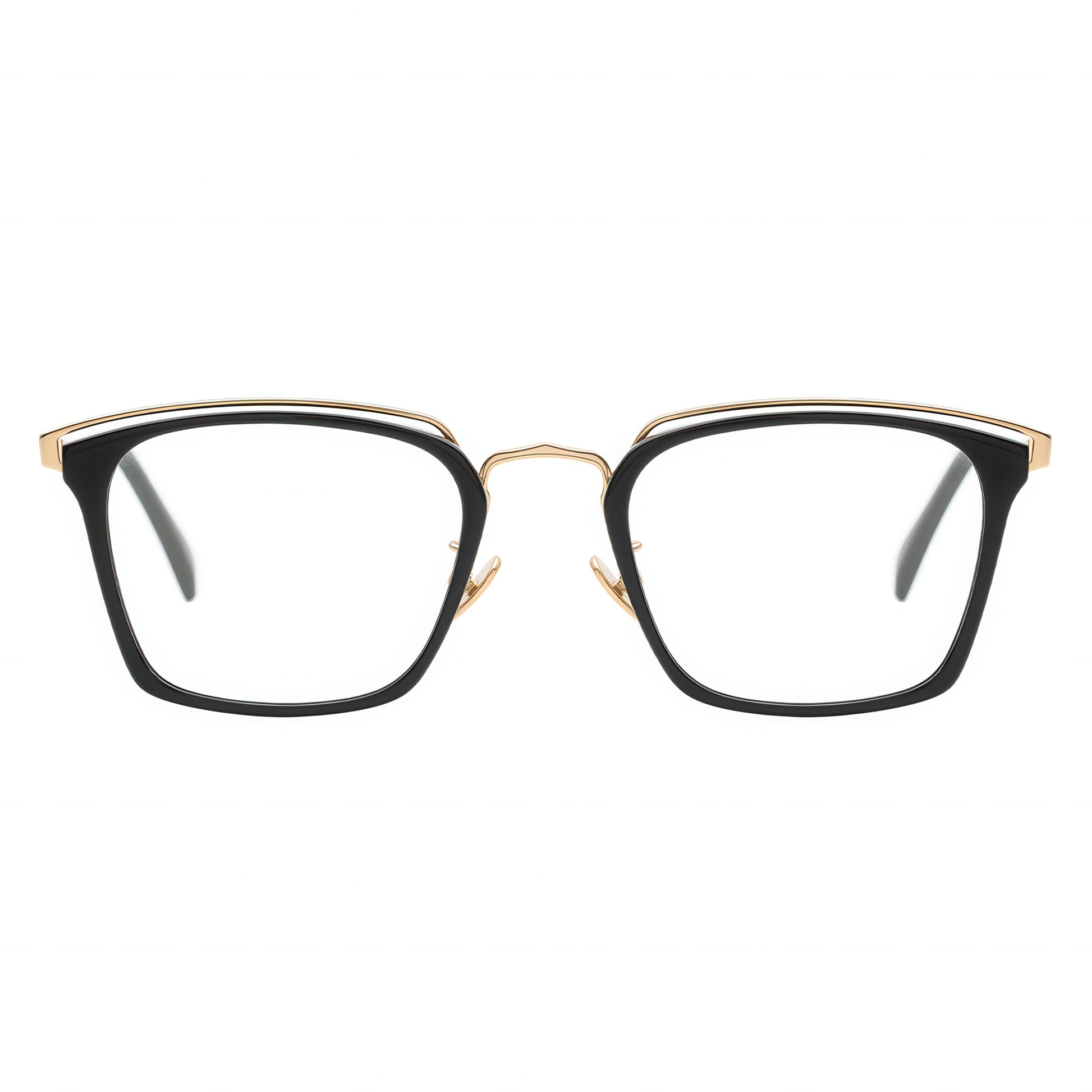 Front view of angular black and gold combination eyeglasses with a layered gold metal browline.