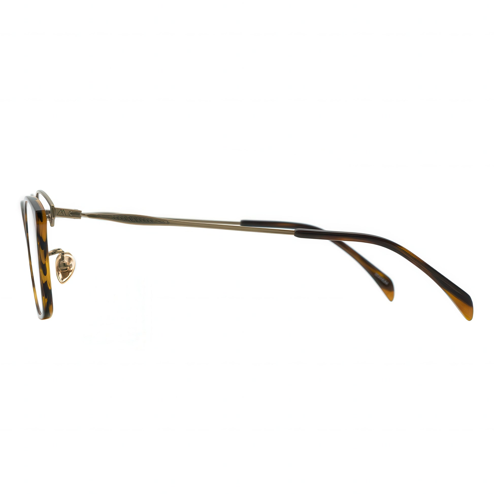side view of angular tortoiseshell glasses with an antique gold layered metal browline.