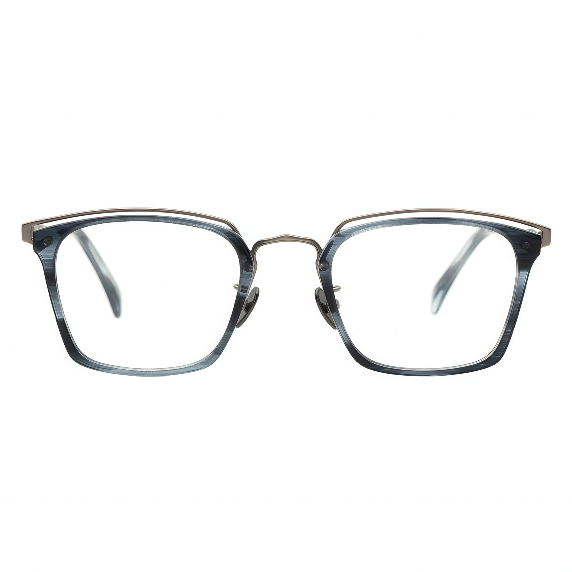 Front view of angular translucent blue-grey glasses with a layered silver metal browline.