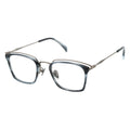 Three-quarter view of angular translucent blue-grey glasses with a layered silver metal browline.