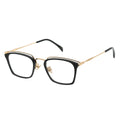 Three-quarter view of angular black and gold combination eyeglasses with a layered gold metal browline.