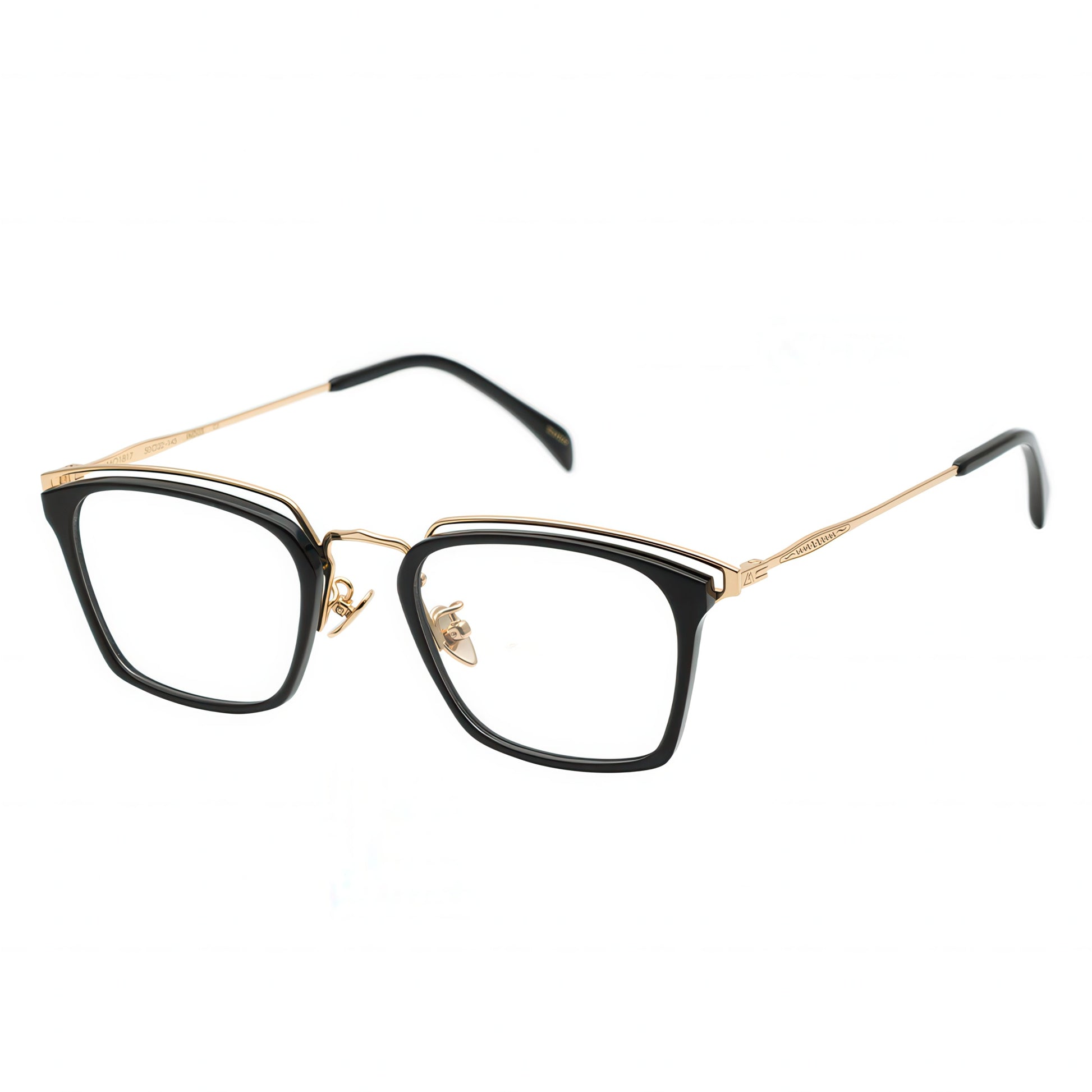 Three-quarter view of angular black and gold combination eyeglasses with a layered gold metal browline.