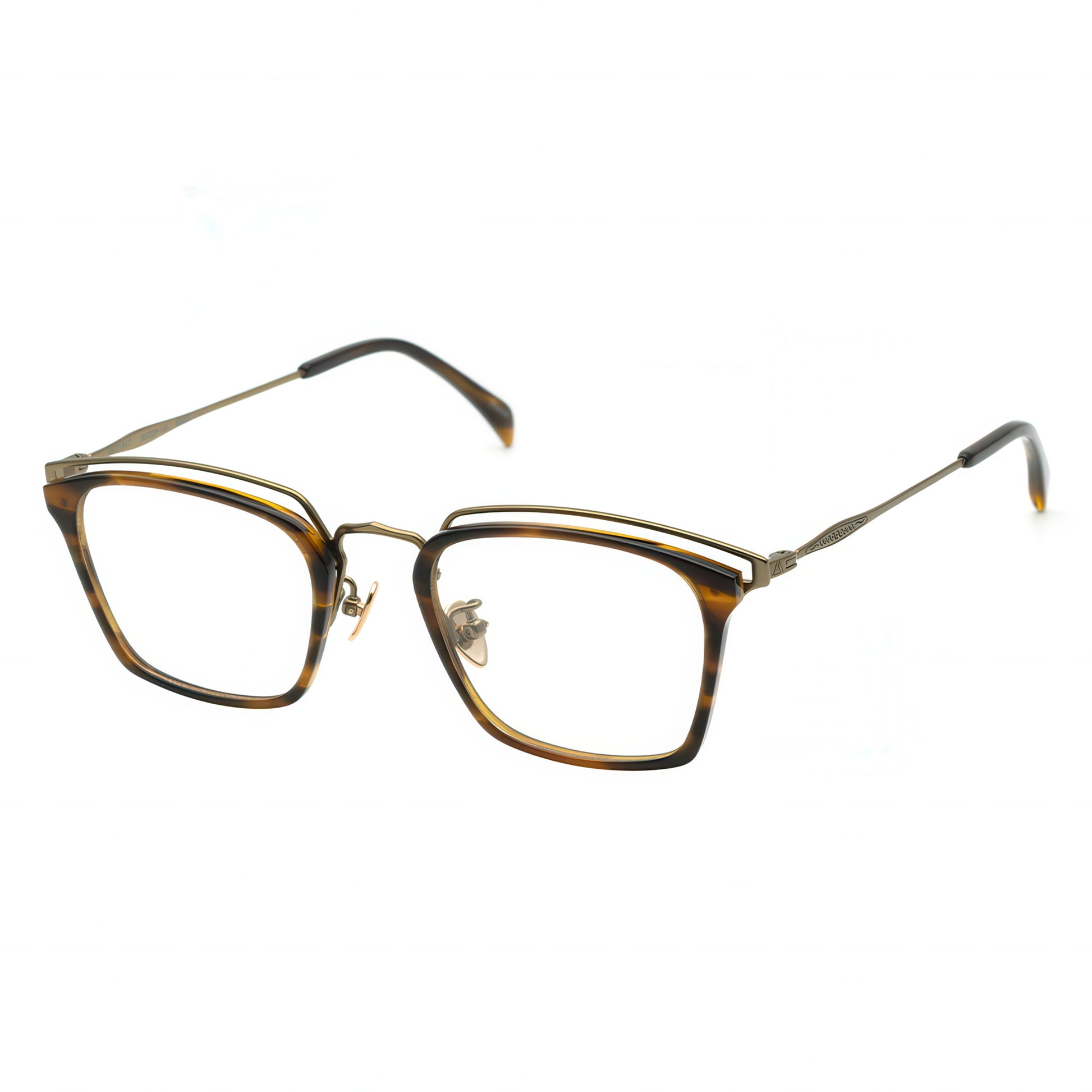 Three-quarter view of angular tortoiseshell glasses with an antique gold layered metal browline.