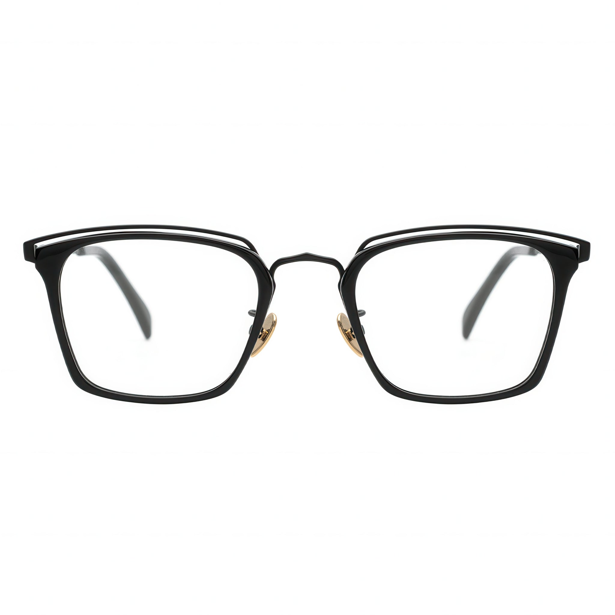 Front view of angular matte black metal eyeglasses with a distinctive double browline design.