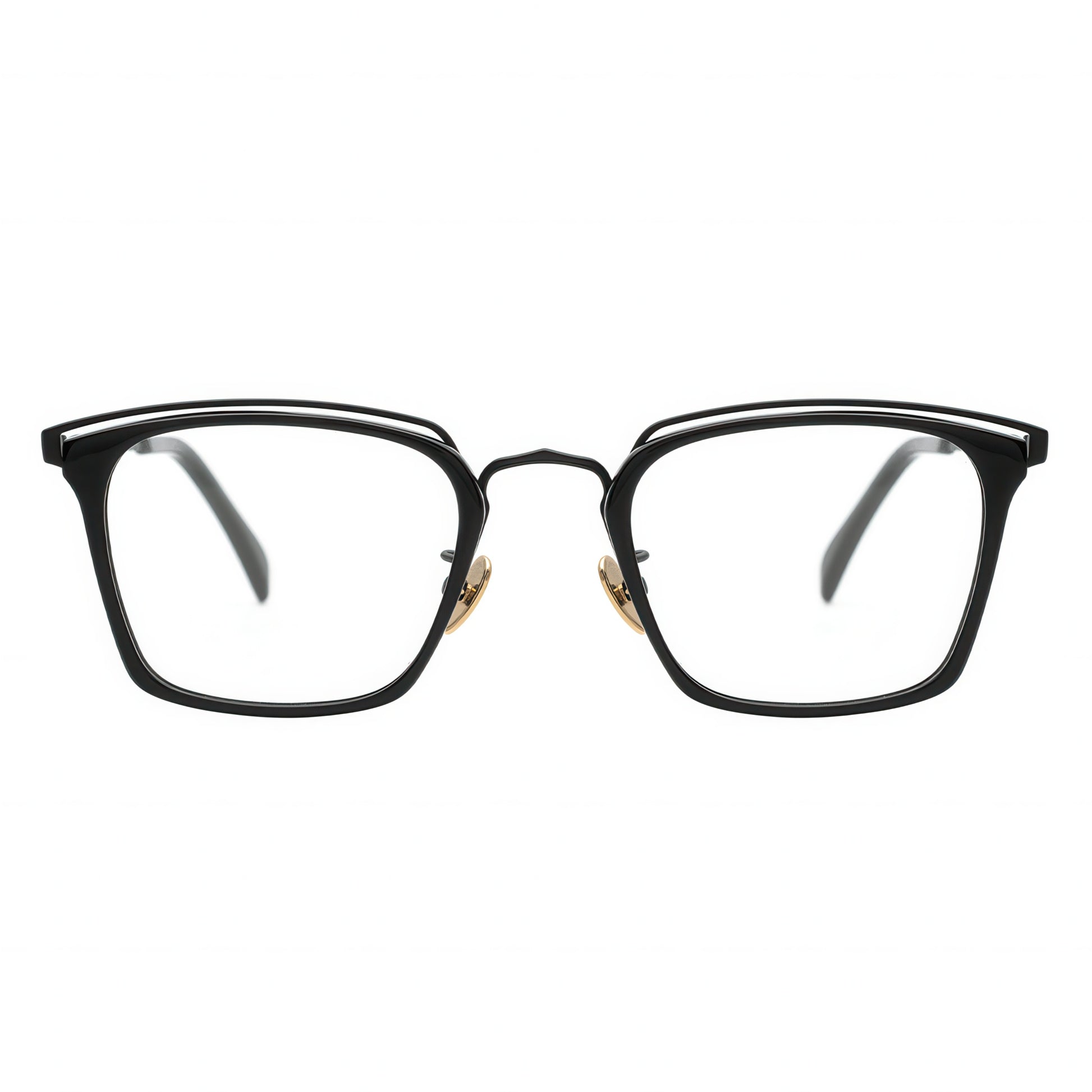 Front view of angular matte black metal eyeglasses with a distinctive double browline design.