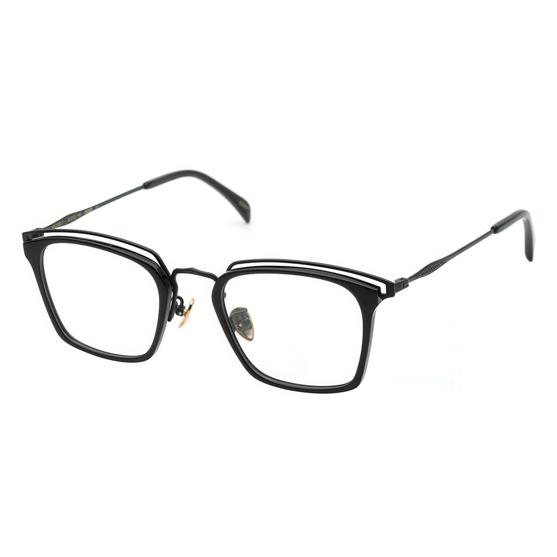 Front view of angular matte black metal eyeglasses with a distinctive double browline design.