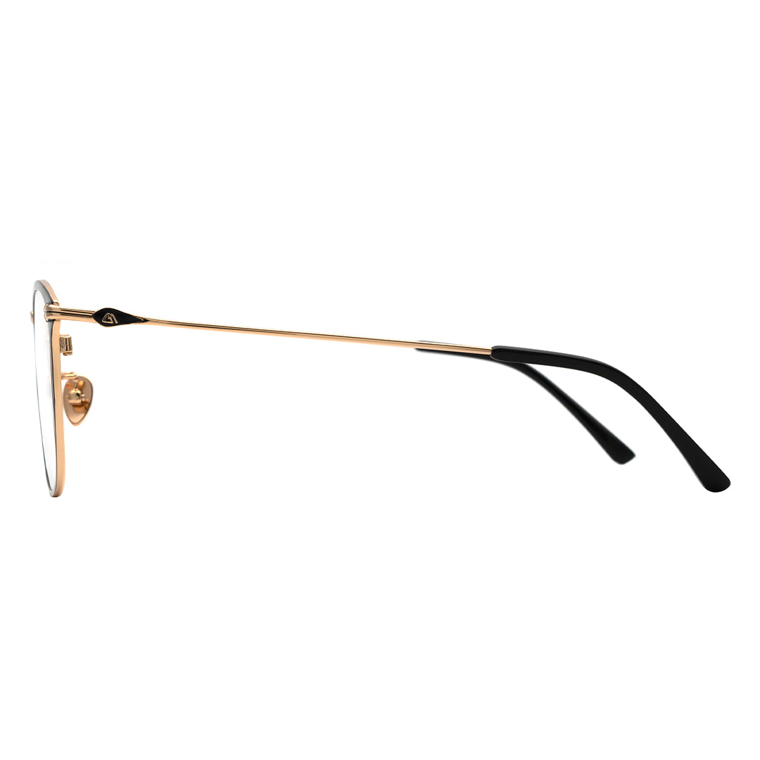 A pair of square eyeglasses with gold temples.